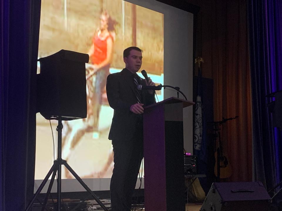 Mayor Michael Nicholson speaks at a vigil for Breanne "Breezy" Pennington on Wednesday night. Pennington was allegedly killed by her husband in the couple's Cherry Street home on Oct. 22.