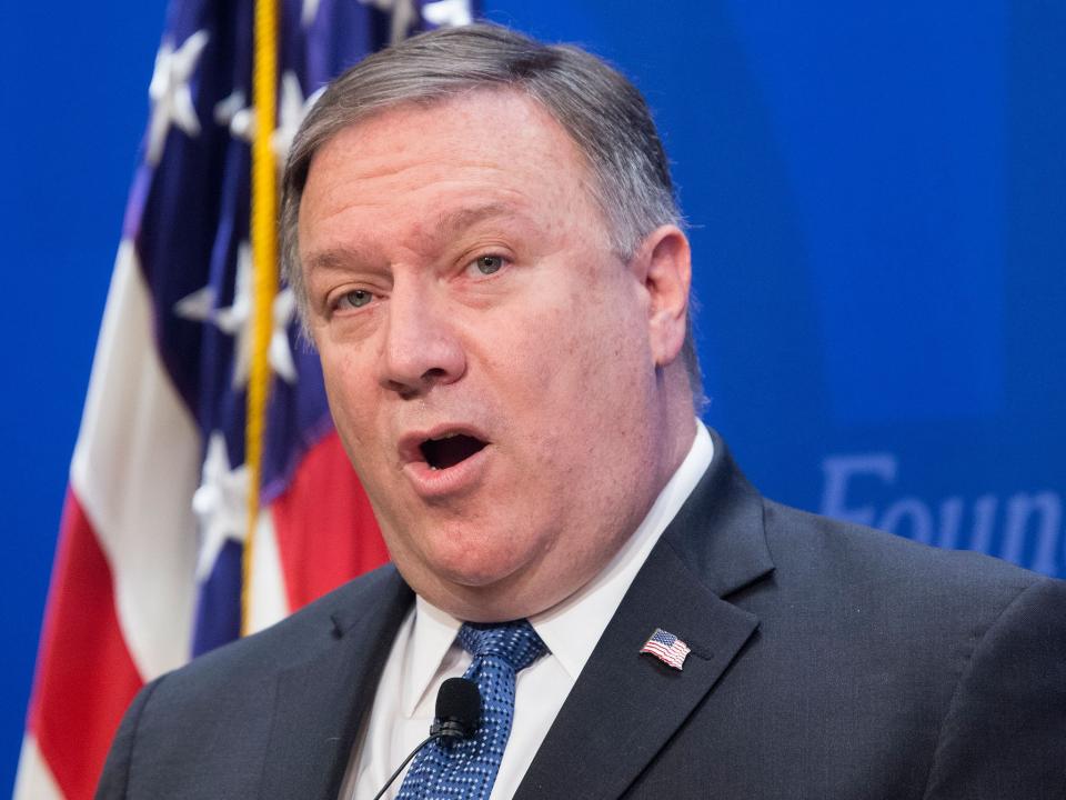 Mr Pompeo speaking at the Heritage Foundation on Monday: EPA