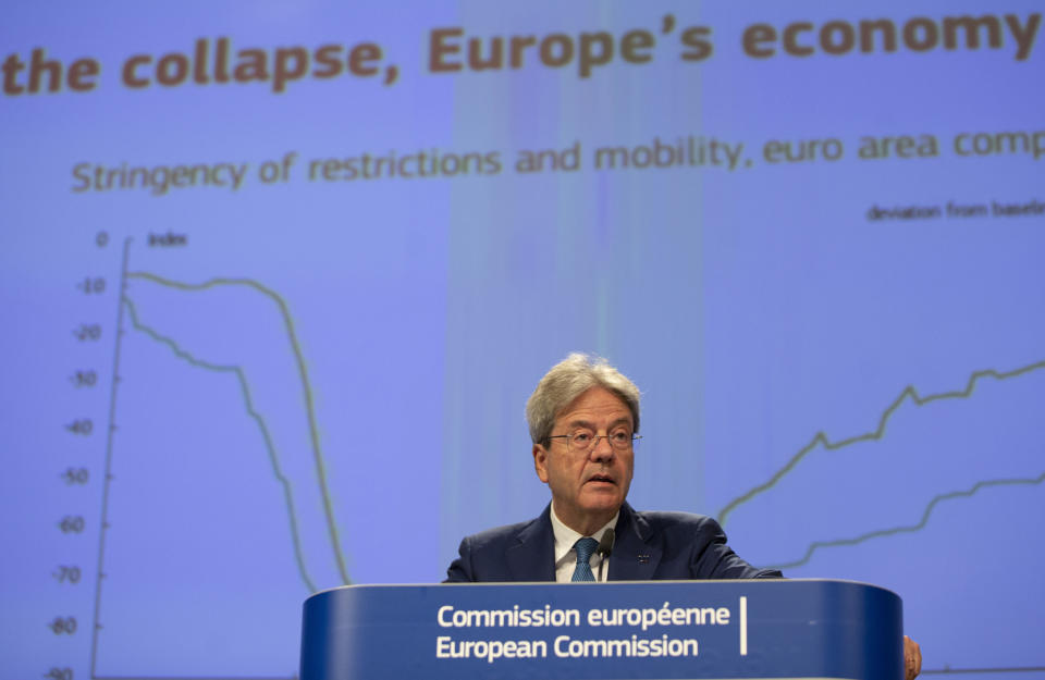 European Commissioner for Economy Paolo Gentiloni speaks during a media conference on the summer 2020 economic forecast at EU headquarters in Brussels, Tuesday, July 7, 2020. (AP Photo/Virginia Mayo, Pool)