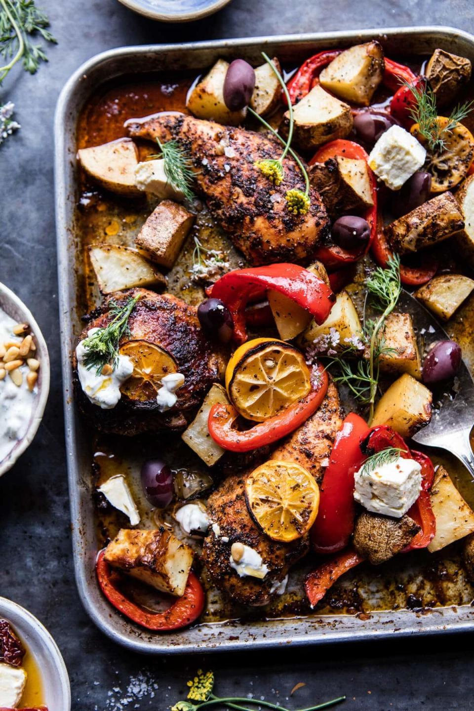 <strong>Get the <a href="https://www.halfbakedharvest.com/best-easy-greek-sheet-pan-chicken-souvlaki-and-potatoes/?highlight=sheet+pan" target="_blank">Best Easy Greek Sheet Pan Chicken Souvlaki</a> recipe from Half Baked Harvest</strong>