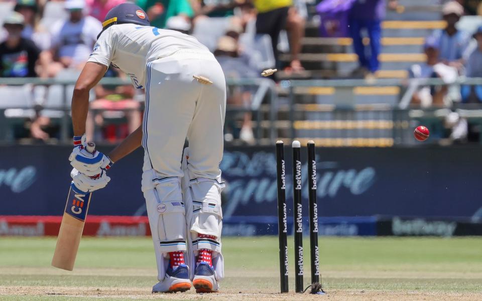 Shubman Gill of India is bowled out by Kagiso Rabada of South Africa