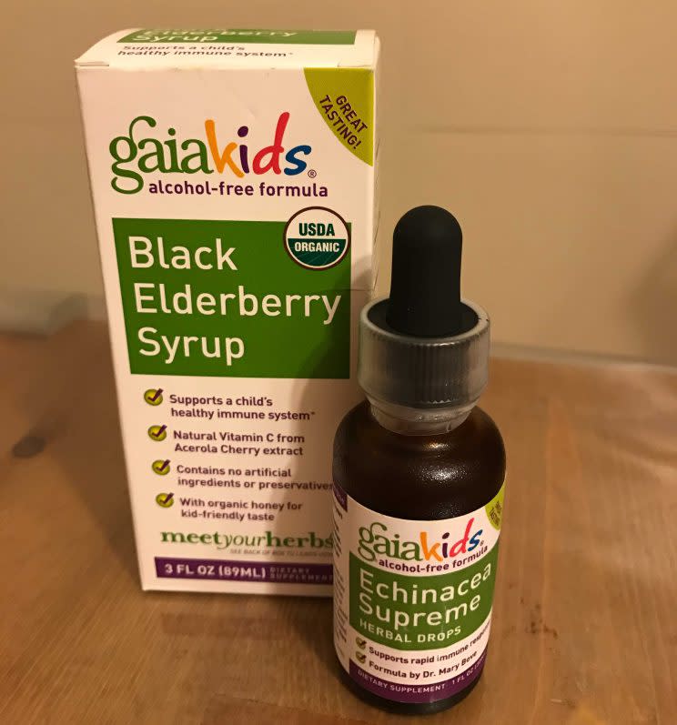 Elderberry syrup and Echinacea syrup from Gaia Kids. We give this to Barnacles when he is falling ill.