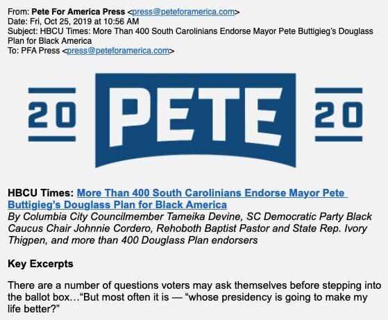 Councilmember Tameika Devine, Black Caucus chair Johnnie Cordero and Rep. Ivory Thigpen all said this press release touting their support for Pete Buttigieg's plan to help Black Americans misleadingly implies their support.  (Photo: The Intercept)