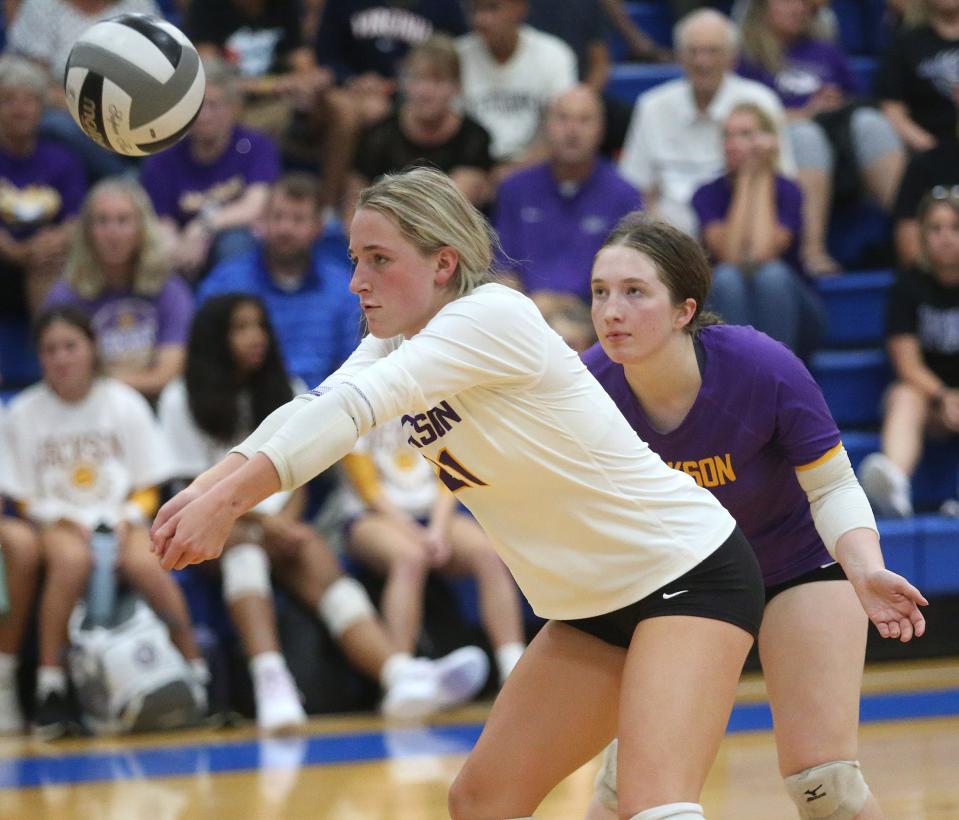 Abbey Debevec of Jackson returns a volley during their game at Lake on Thursday, Sept. 1, 2022.