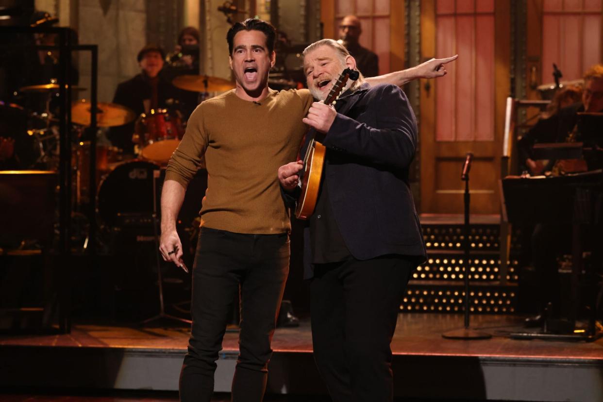 SATURDAY NIGHT LIVE -- Brendan Gleeson, Willow Episode 1828 -- Pictured: (l-r) Special guest Colin Farrell with host Brendan Gleeson during the Monologue on Saturday, October 8, 2022 -- (Photo by: Will Heath/NBC via Getty Images)