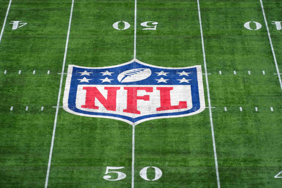 A general overall view of the NFL Shield logo at midfield during an NFL International Series game between the Miami Dolphins and the Jacksonville Jaguars at Tottenham Hotspur Stadium.