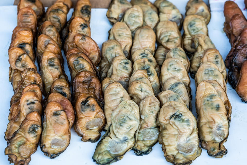 Dehydrated oysters and spiral shells are popular ingredients in Chinese cuisine, Lau Fau Shan, Hong Kong, China.