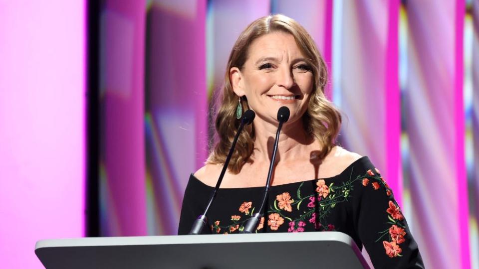 LOS ANGELES, CALIFORNIA - MARCH 05: WGAW President Meredith Stiehm speaks onstage during the 2023 Writers Guild Awards West Coast Ceremony at Fairmont Century Plaza on March 05, 2023 in Los Angeles, California. (Photo by Amy Sussman/Getty Images for WGAW)