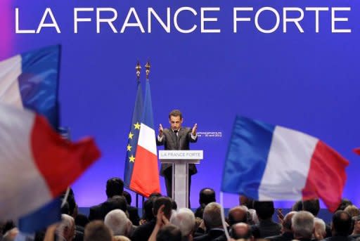 France's incumbent President Nicolas Sarkozy delivers a speech during a campaing rally in southeastern France