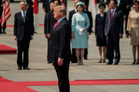 U.S. President Donald Trump attends a welcome ceremony at the Imperial Palace in Tokyo, Japan May 27, 2019. Nicolas Datiche/Pool via Reuters