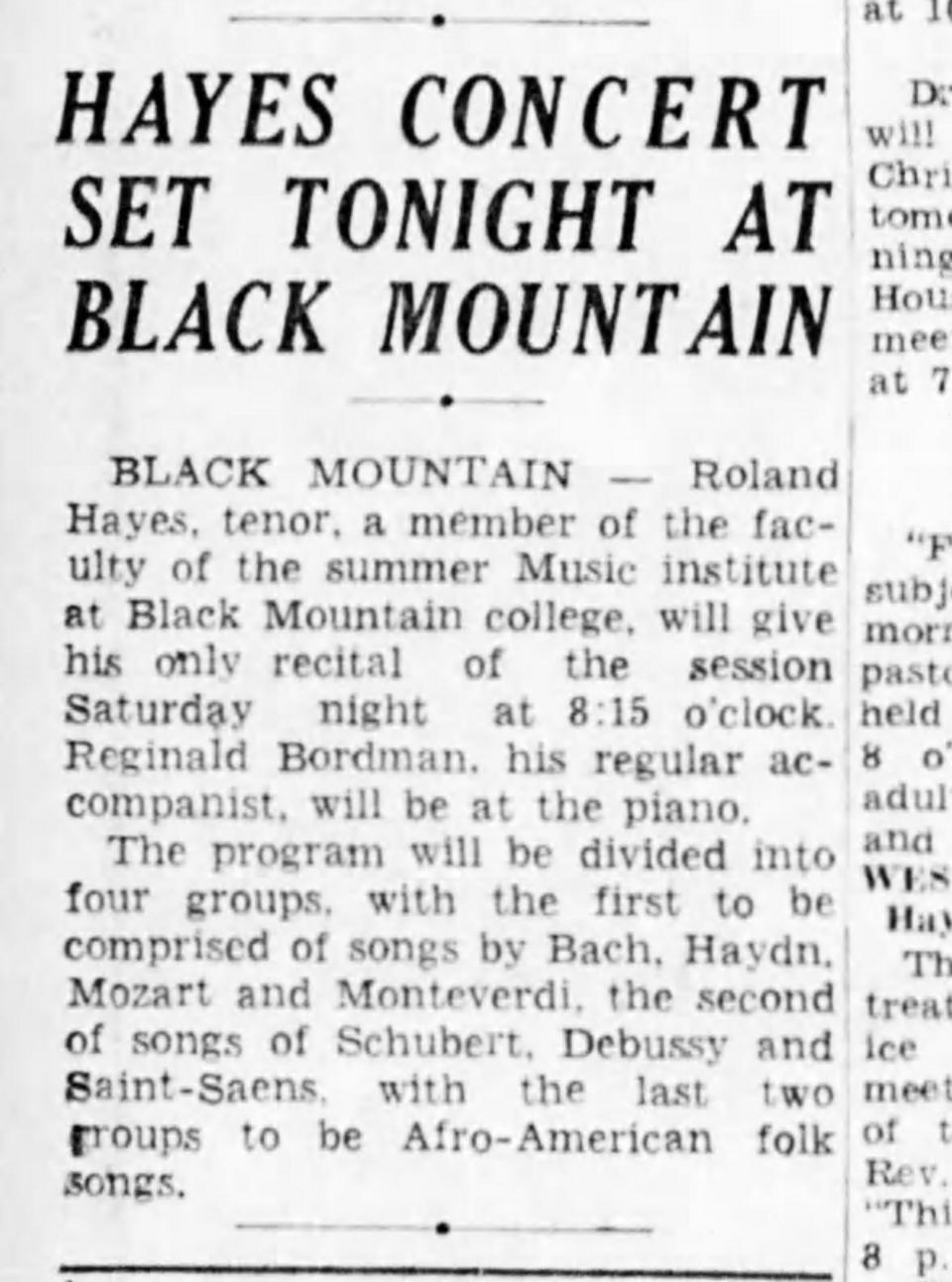 Announcement of a Roland Hayes concert in the Aug. 4, 1945, edition of the Asheville Citizen Times.