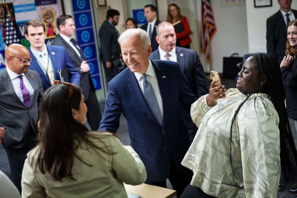 PHOTO: President Joe Biden greets DNC staff and volunteers after speaking at the headquarters of the Democratic National Committee, Oct. 24, 2022, in Washington, D.C.  (Drew Angerer/Getty Images)