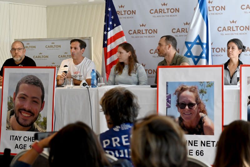 American-Israeli families whose loved ones are missing and believed to be held hostage by Hamas in Gaza speak Tuesday at a press conference in Tel Aviv, Israel. Photo by Debbie Hill/UPI