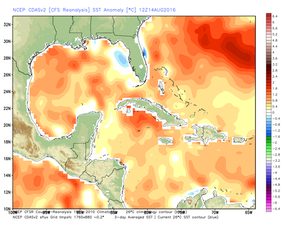 Sea surface temperature anomalies in the Gulf of Mexico.