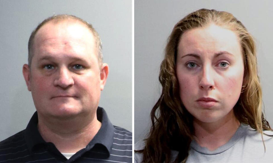 FILE - These booking photos provided by the Oakland County Sheriff's Office shows Eric Wuestenberg, left, and Jillian Wuestenberg. On Monday, March 13, 2023, criminal charges were dropped against Jillian and Eric Wuestenberg, a white couple charged in 2020 after one of them was captured on video pulling a handgun on a Black woman and her daughters outside a Michigan restaurant. (Oakland County Sheriff's Office via AP, File)