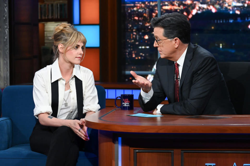 Kristen Stewart on “The Late Show with Stephen Colbert”  on January 24, 2022. - Credit: Scott Kowalchyk/CBS