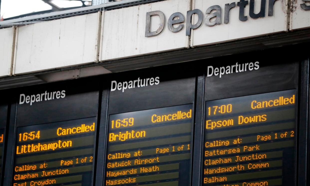 <span>MPs said 3.8% of trains were cancelled and 13.7% were delayed in the 2022-23 operating year.</span><span>Photograph: Tolga Akmen/AFP/Getty Images</span>