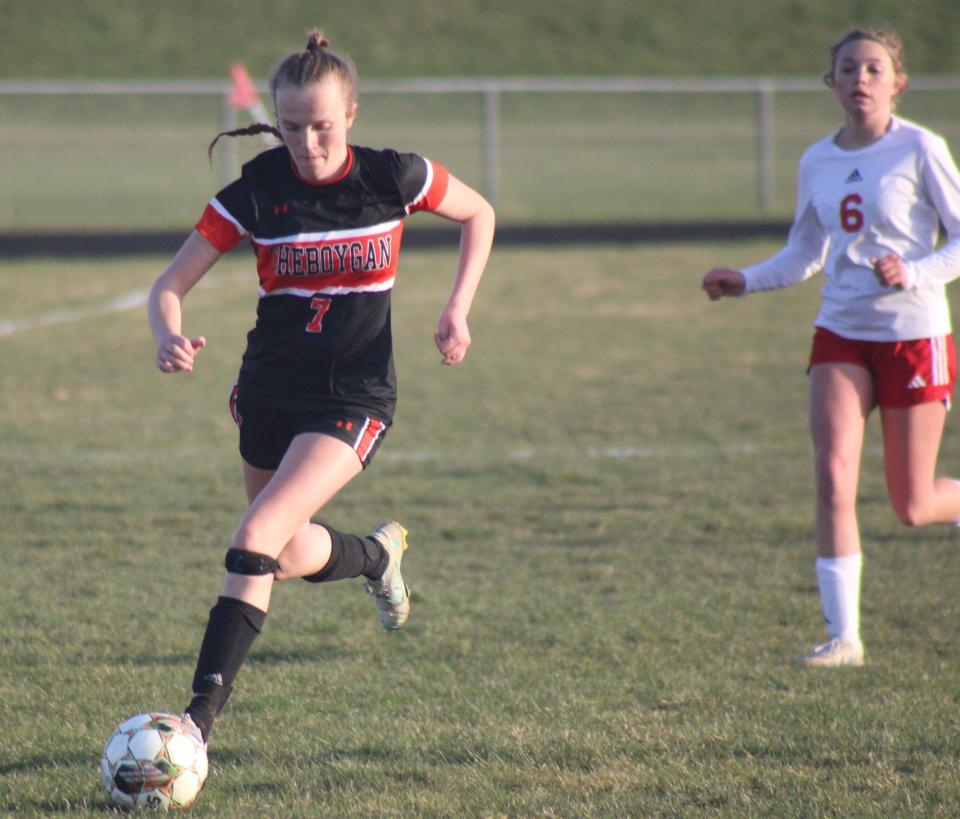 Cheboygan junior Addy Baldwin (7) controls the ball during the second half of a girls soccer matchup against Tawas on Monday.