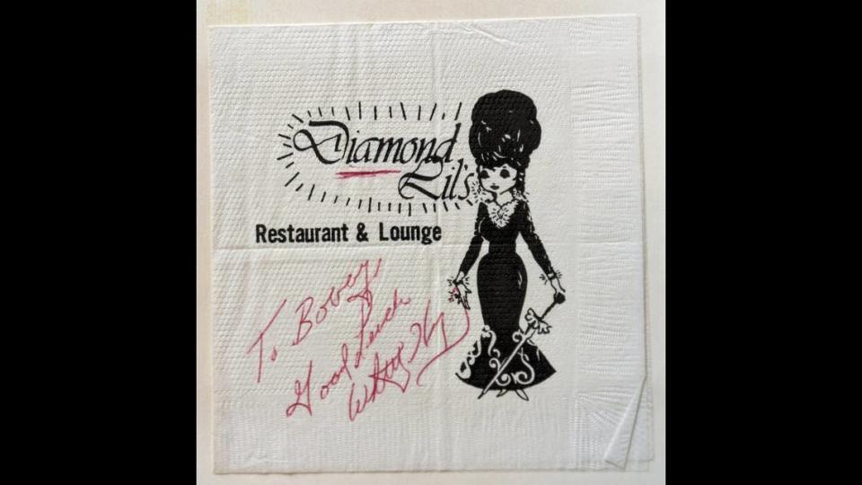 A Diamond Lil’s napkin autographed by Whitey Herzog, who came to the restaurant on occasion. Courtesy of Tom Green