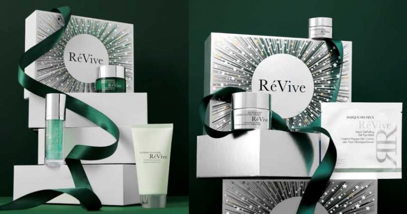 ReVive經典明星光燦禮盒／12,800元  內含光采再生活膚50ml+4D水光真精華30ml+極緻光采潔膚霜125ml、ReVive極緻抗皺璀璨禮盒／18,800元  內含：極緻抗皺嫩白晚霜50ml+極緻抗皺眼霜15ml+速效冷療眼膜6入。（圖／品牌提供）