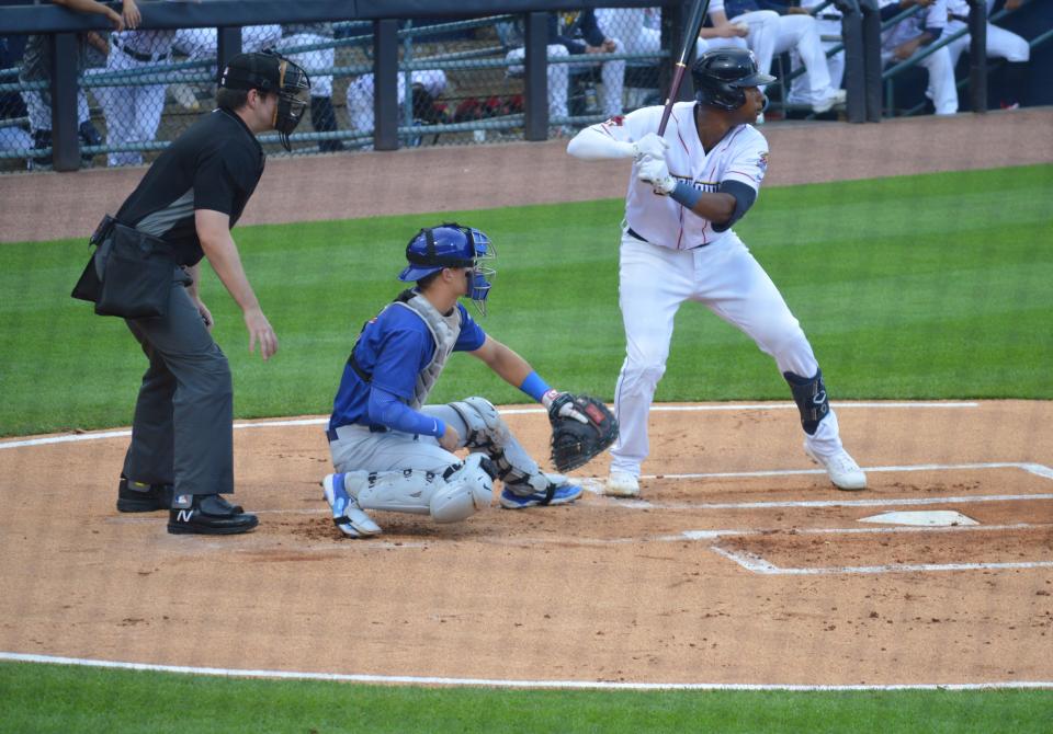 St. Mary Catholic Central graduate Bryce Windham catches for the Iowa Cubs in a game against the Toledo Mud Hens at Fifth Third Field Tuesday night.