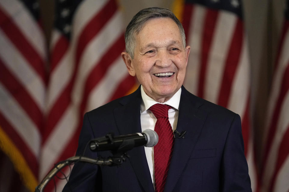 Former Ohio congressman and two-time Democratic presidential candidate Dennis Kucinich announces his Independent candidacy for Congress in Ohio's 7th Congressional District, Wednesday, Jan. 24, 2024, in Independence, Ohio. (AP Photo/Sue Ogrocki)