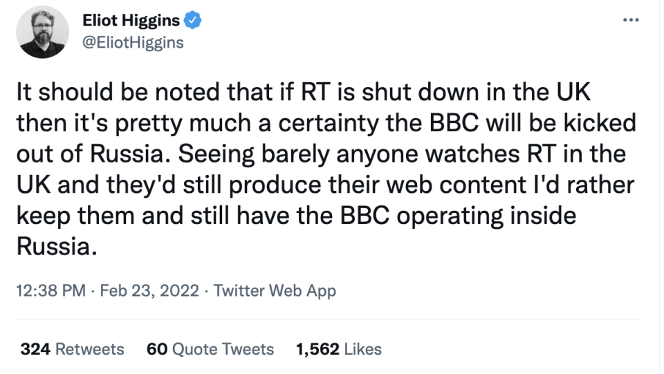 Bellingcat founder Eliot Higgins warned the effects of removing RT from Britain would be far-reaching (Twitter)