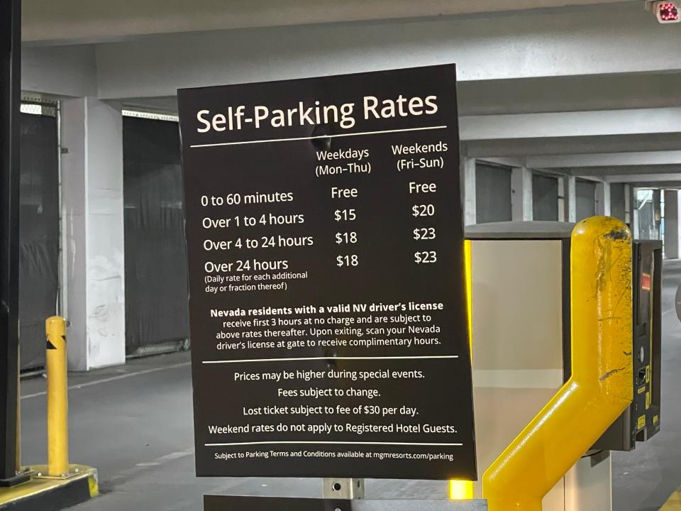 self-parking rates sign in a parking garage in las vegas