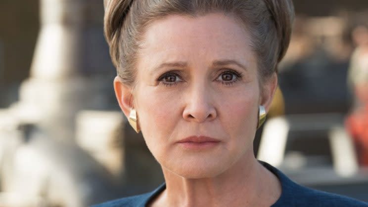Carrie Fisher in ‘Star Wars: The Force Awakens’ – Credit: David James/Lucasfilm
