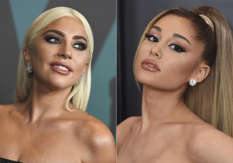 Lady Gaga arrives at the Governors Awards in Los Angeles on Nov. 18, 2018, left, and Ariana Grande arrives at the 62nd annual Grammy Awards in Los Angeles on Jan. 26, 2020. Lady Gaga and Ariana Grande both scored nine VMA nominations each, including video of the year for their No. 1 dance hit. “Rain on Me” is also competing for song of the year, best collaboration, best pop, best cinematography, best visual effects and best choreography. The 2020 MTV Video Music Awards will air live on Aug. 30 from the Barclays Center in Brooklyn.(Photos by Jordan Strauss/Invision/AP)