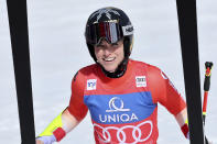 Switzerland's Lara Gut Behrami celebrates at the finish area of an alpine ski, women's World Cup giant slalom race, in Saalbach, Austria, Sunday, March 17, 2024. (AP Photo/Marco Trovati)