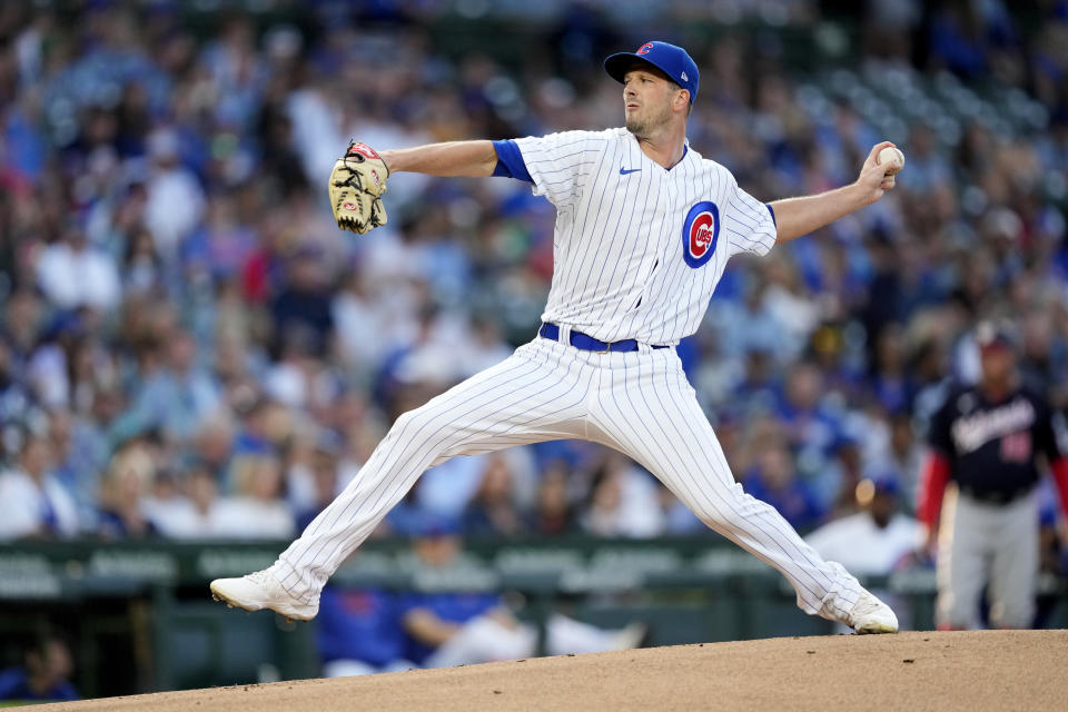 Chicago Cubs starting pitcher Drew Smyly delivers during the first inning of a baseball game against the Washington Nationals Monday, July 17, 2023, in Chicago. (AP Photo/Charles Rex Arbogast)