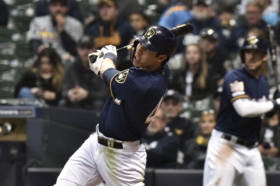 Brewers outfielder Christian Yelich hits his third home run of the game on April 15, 2019.