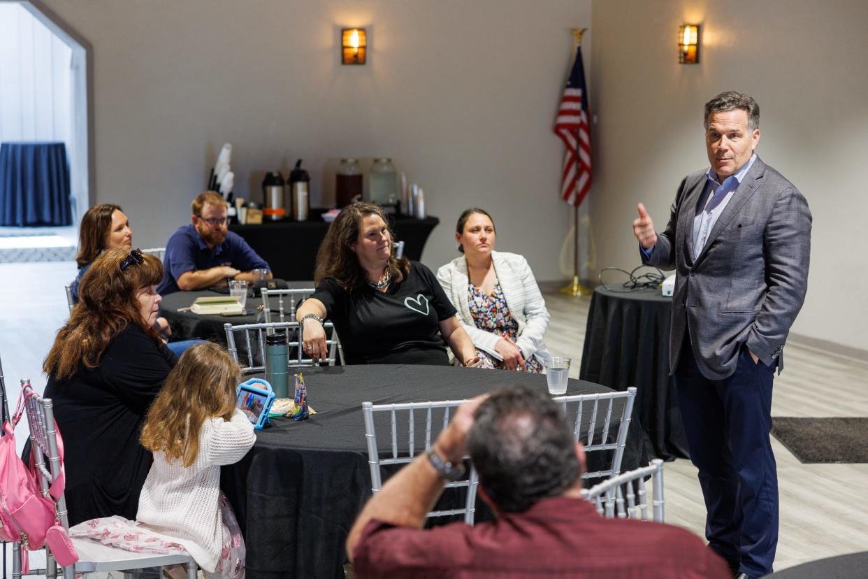 Republican Senate candidate Dave McCormick speaks during a roundtable event with business owners at the Markets at Hanover, Wednesday, May 8, 2024, in Penn Township.