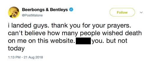 Post Malone tweeted to fans (and detractors) shortly after his plane made an emergency landing. (Photo: Twitter).