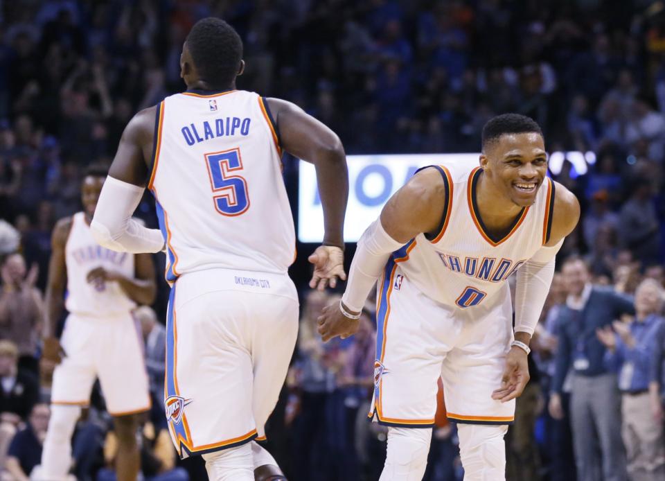 The Thunder's closing kick against the Cavs gave Russell Westbrook plenty to smile about. (AP)