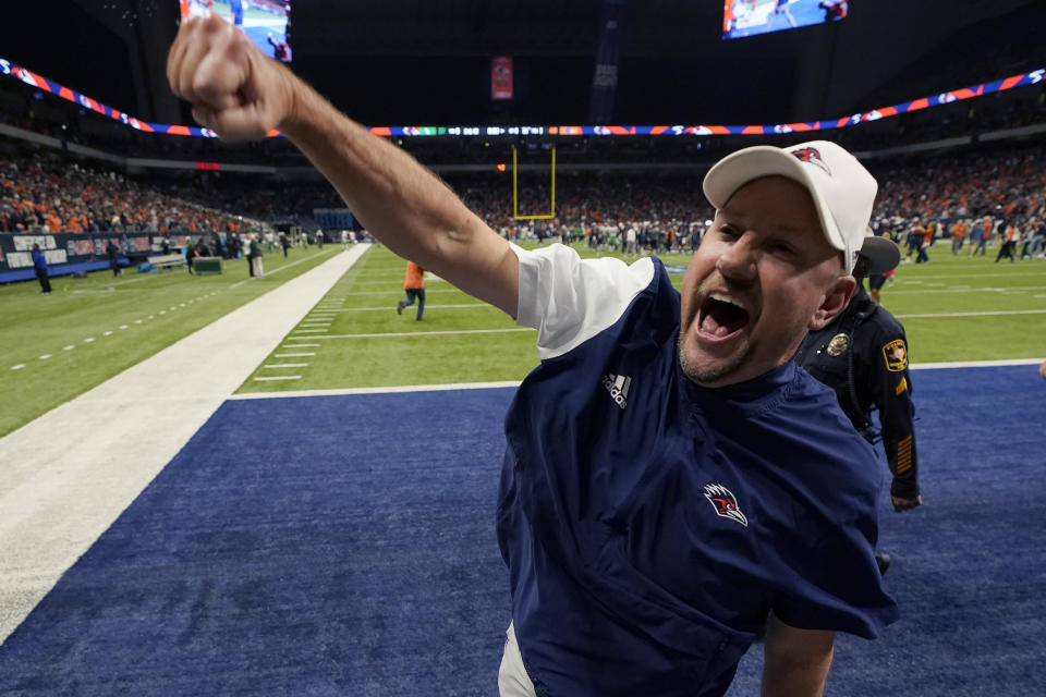 UTSA head coach Jeff Traylor celebrates the team's win over North Texas in an NCAA college football game for the Conference USA championship in San Antonio, Friday, Dec. 2, 2022. (AP Photo/Eric Gay)