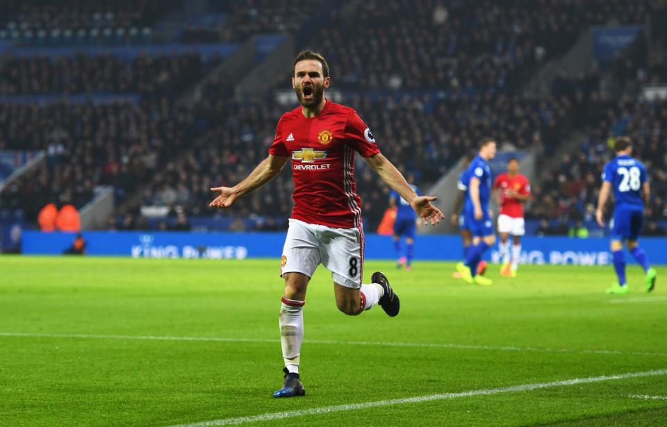 <p>Juan Mata of Manchester United celebrates their third goal during the Premier League match between Leicester City and Manchester United at The King Power Stadium on February 5, 2017 in Leicester, England. </p>