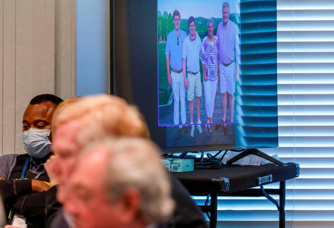 A family photo of the Murdaugh’s taken by Marian Proctor, Maggie Murdaugh’s sister, is part of evidence in the Alex Murdaugh trial at the Colleton County Courthouse in Walterboro, Tuesday, Feb. 14, 2023. Grace Beahm Alford/The Post and Courier/Pool