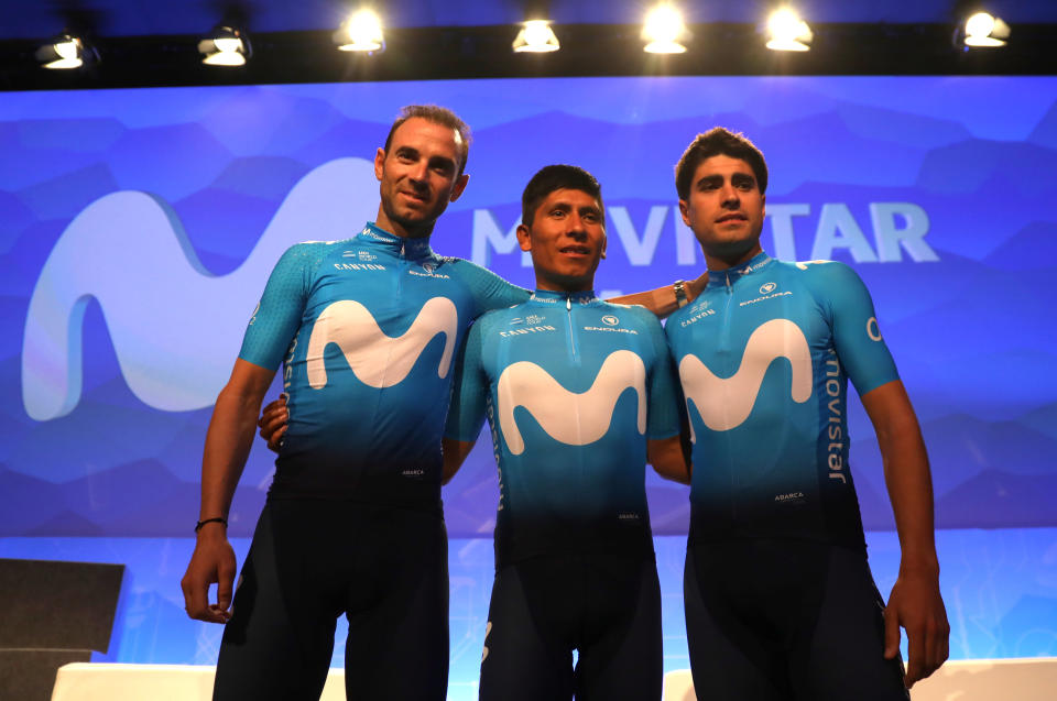 Alejandro Valverde, Nairo Quintana y Mikel Landa, líderes del Movistar Team, posaron durante la presentación del equipo en Madrid, en diciembre del año pasado. / Foto: REUTERS/Sergio Perez