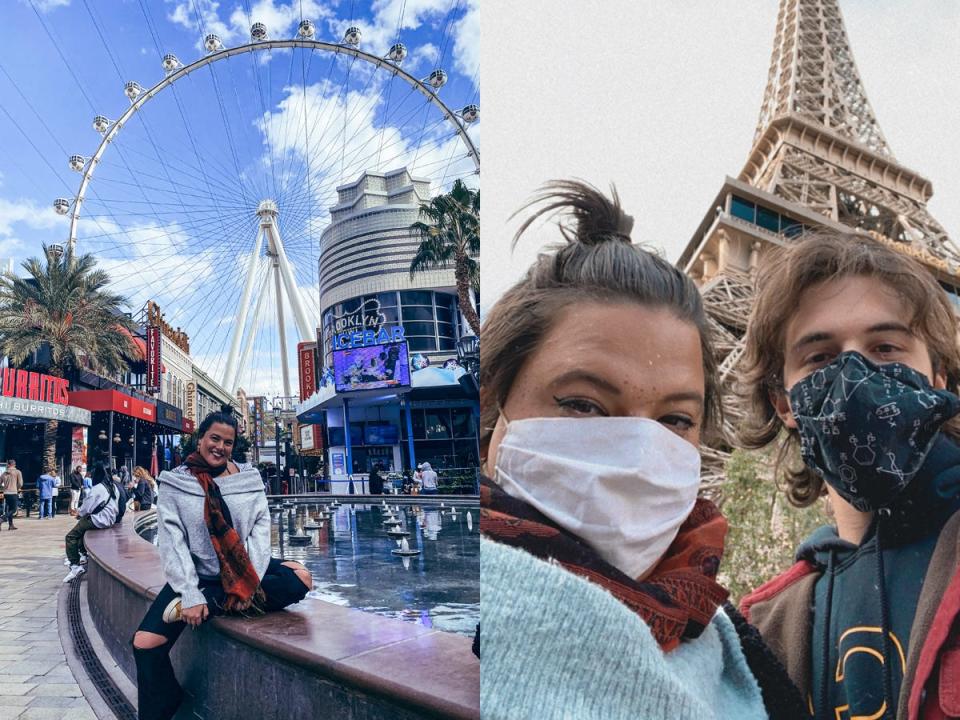 a woman sitting in front of a ferris wheel next to a woman and man wearing masks in front of an eiffel tower-like statue