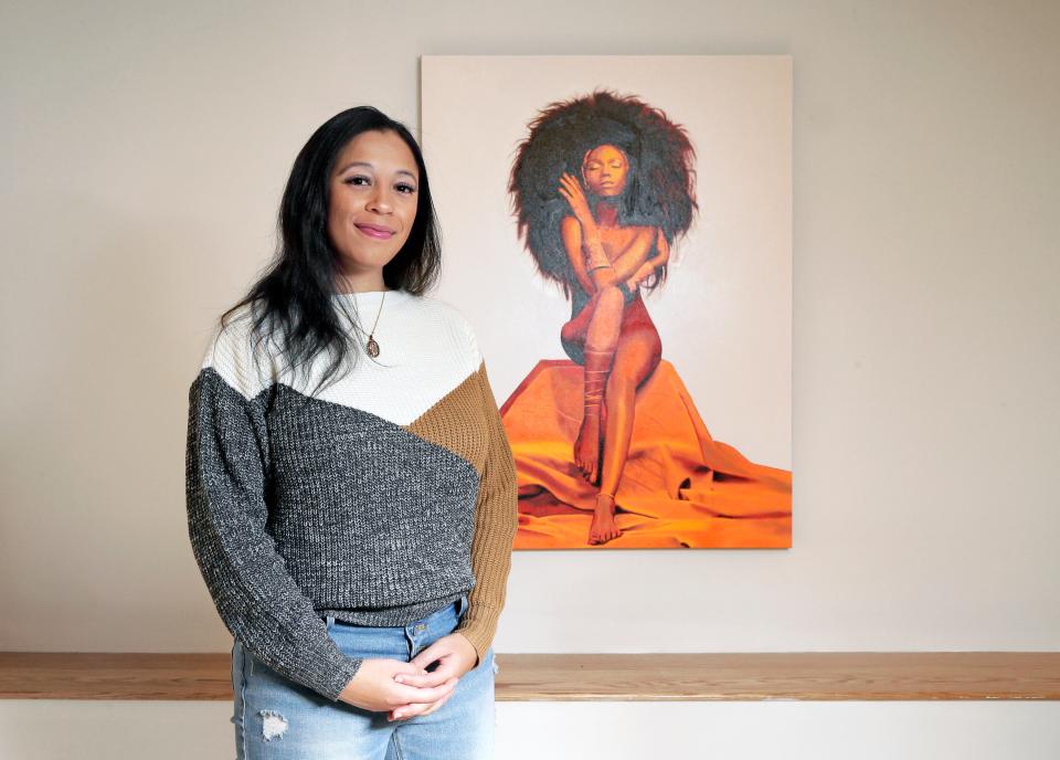 Natalie Orr's painting "Essence" is part of the 20-piece collection that is on display in the Elijah Pierce Gallery at the King Arts Complex.