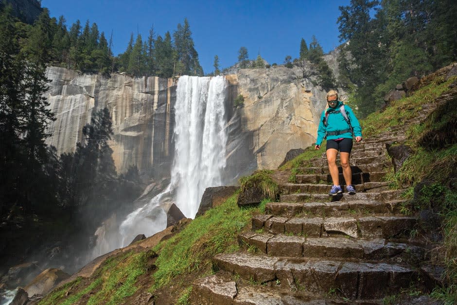 Hiking past Vernal Falls on the Mist Trail in Yosemite.