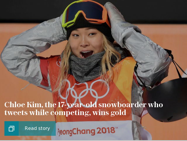 Chloe Kim, the 17-year-old snowboarder who tweets while competing, wins gold