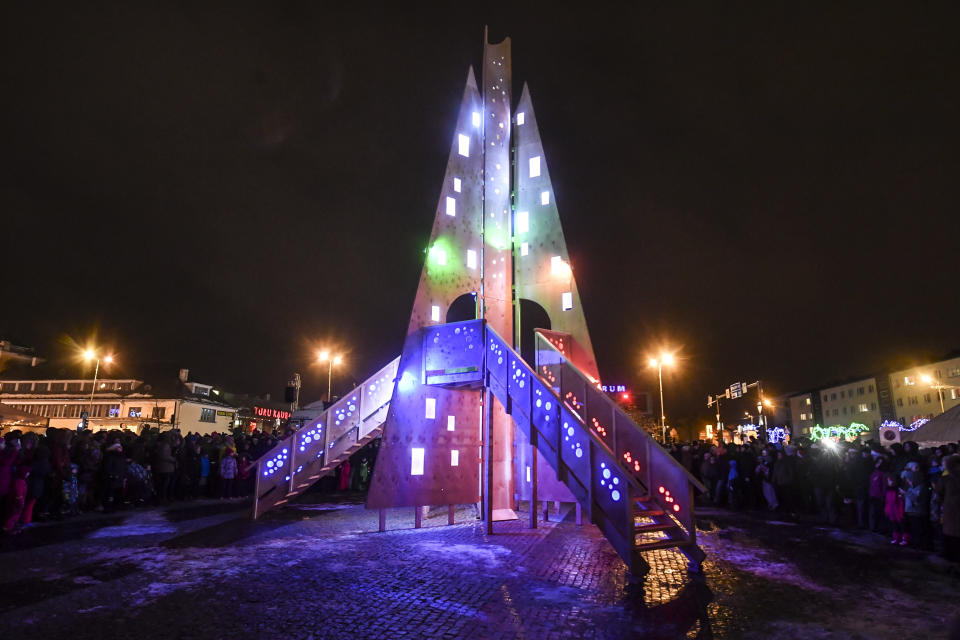 This unusual Christmas tree was designed by local artist Teet Suur and made from wood.