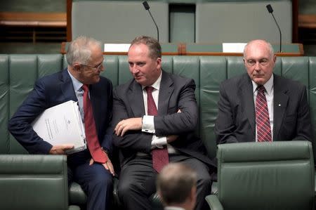 Australian Prime Minister Malcolm Turnbull (L) speaks to Australian Agriculture Minister Barnaby Joyce (C) as Federal Minister for Infrastructure and Regional Development Warren Truss sits next to them in the House of Representatives at Parliament House in Canberra, Australia, February 11, 2016. REUTERS/Lukas Coch/AAP