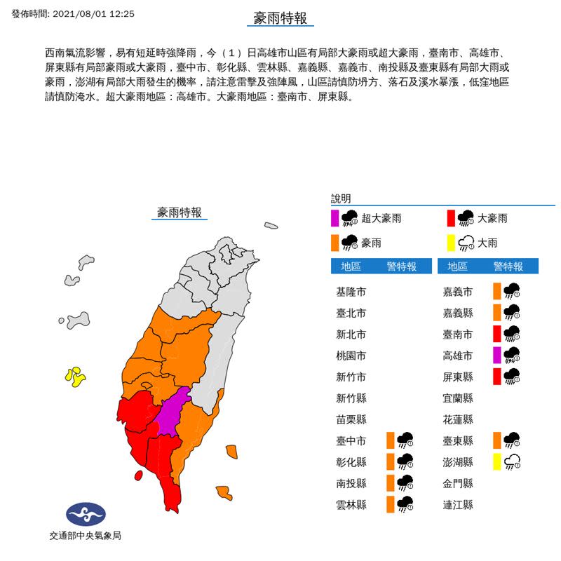 中央氣象局今日午間12時25分發布豪雨特報。（圖／翻攝自中央氣象局）