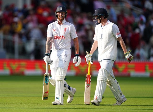 Ben Stokes (left) and Harry Brook walk off the pitch at the end of day two