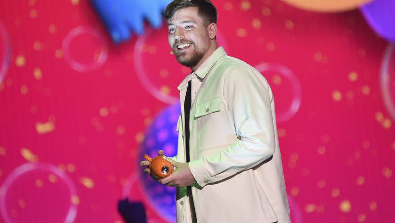 MrBeast accepts the award for favorite male creator during the Nickelodeon Kids’ Choice Awards at Microsoft Theater in Los Angeles.