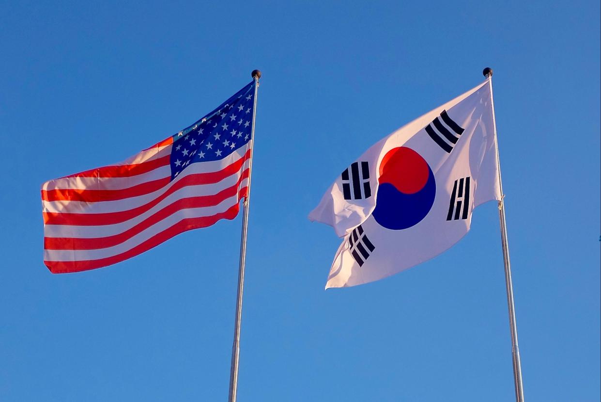 Flags of the United States and South Korea, Against a Blue Sky